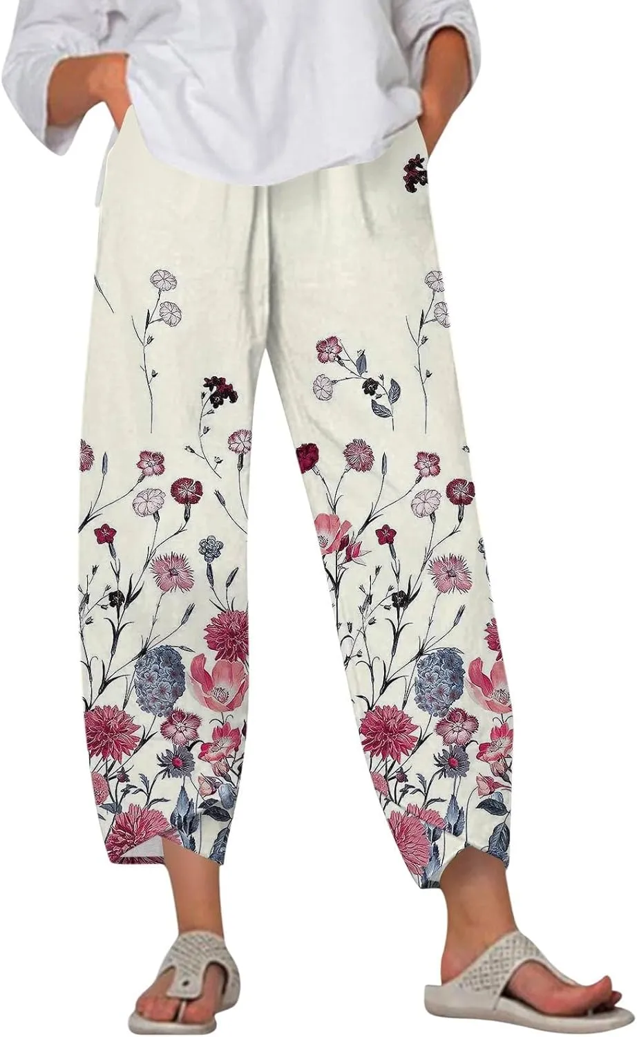 Petite Linen Pants Summer Wide Leg Hight Waisted Capri Pants Cotton Linen Comfy Cropped Palazzo Trousers with Pockets