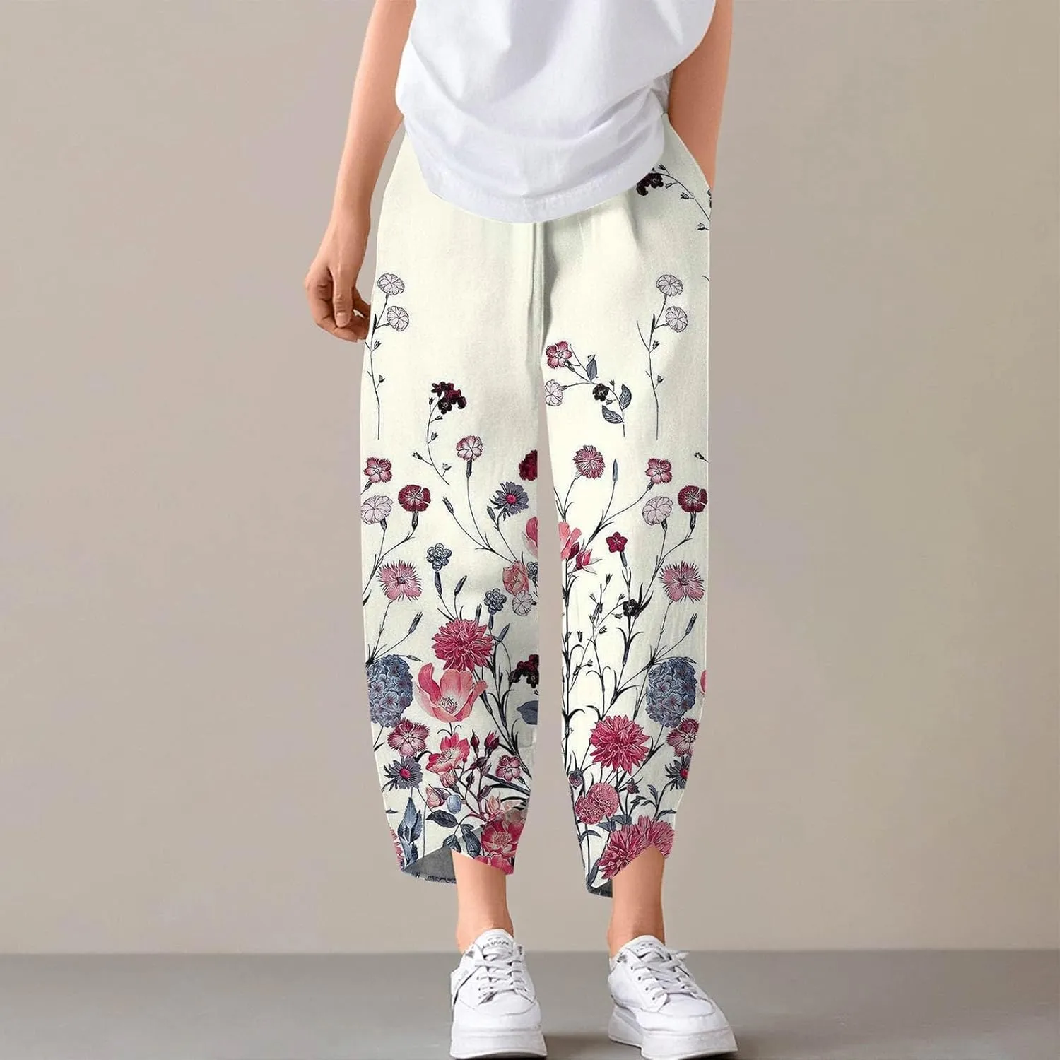 Petite Linen Pants Summer Wide Leg Hight Waisted Capri Pants Cotton Linen Comfy Cropped Palazzo Trousers with Pockets
