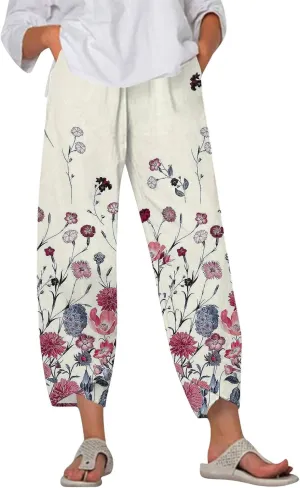 Petite Linen Pants Summer Wide Leg Hight Waisted Capri Pants Cotton Linen Comfy Cropped Palazzo Trousers with Pockets