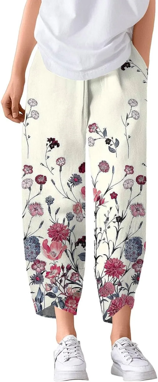 Petite Linen Pants Summer Wide Leg Hight Waisted Capri Pants Cotton Linen Comfy Cropped Palazzo Trousers with Pockets