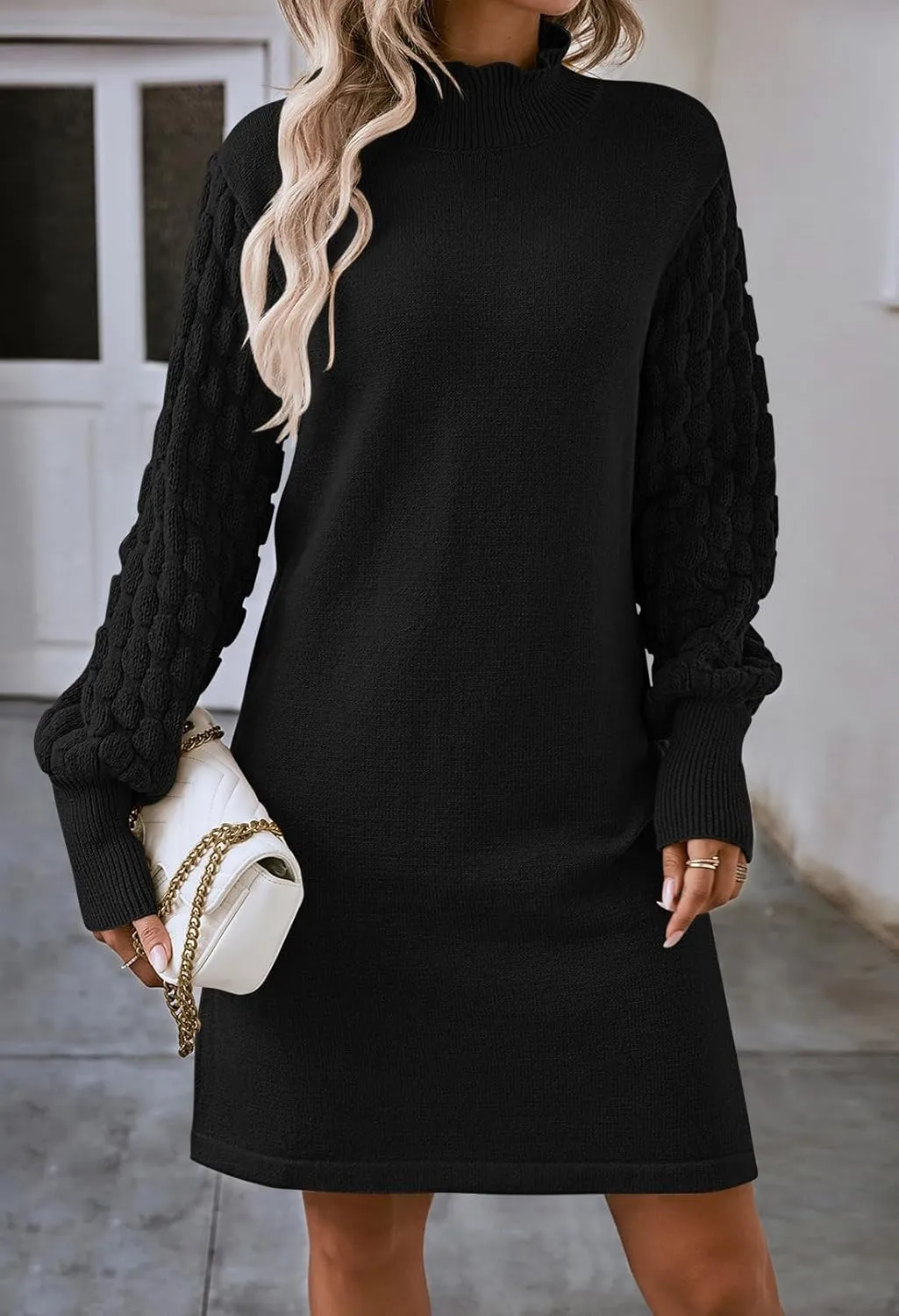 Pink Queen Women's Long Sleeve Sweater Mini Dress Casual Loose Mock Neck Empire Waist Cocktail Party Knit Short Dresses