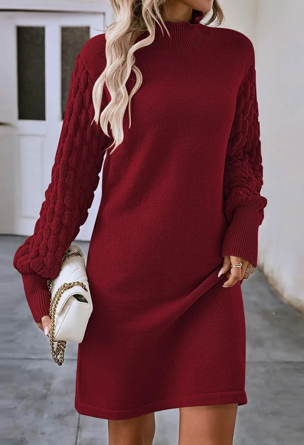 Pink Queen Women's Long Sleeve Sweater Mini Dress Casual Loose Mock Neck Empire Waist Cocktail Party Knit Short Dresses