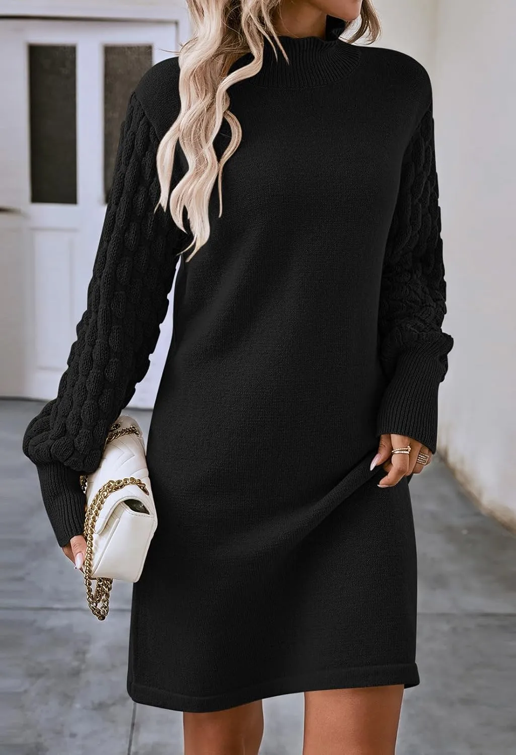Pink Queen Women's Long Sleeve Sweater Mini Dress Casual Loose Mock Neck Empire Waist Cocktail Party Knit Short Dresses