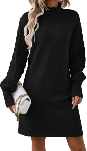 Pink Queen Women's Long Sleeve Sweater Mini Dress Casual Loose Mock Neck Empire Waist Cocktail Party Knit Short Dresses