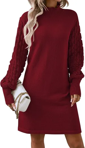 Pink Queen Women's Long Sleeve Sweater Mini Dress Casual Loose Mock Neck Empire Waist Cocktail Party Knit Short Dresses