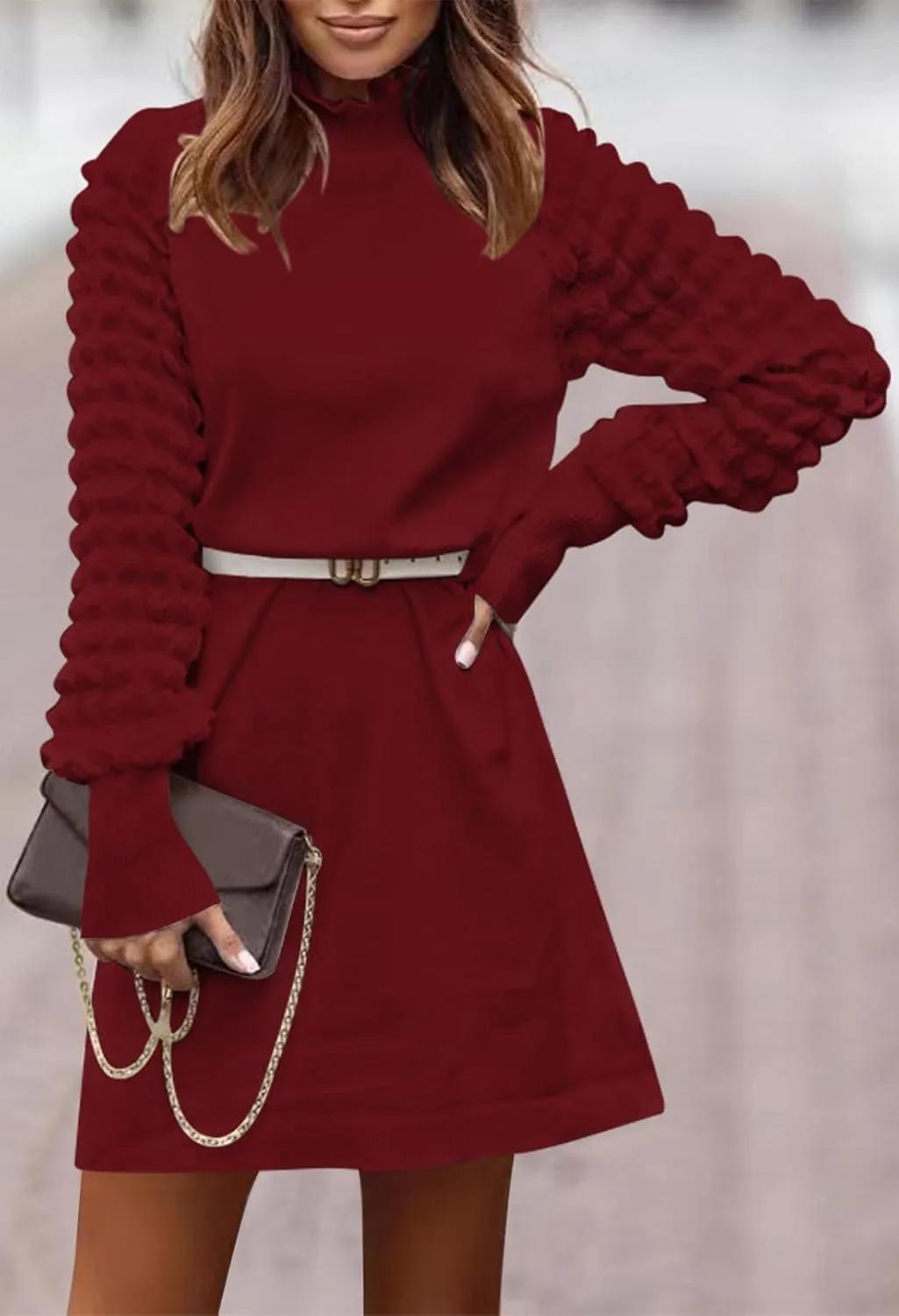 Pink Queen Women's Long Sleeve Sweater Mini Dress Casual Loose Mock Neck Empire Waist Cocktail Party Knit Short Dresses