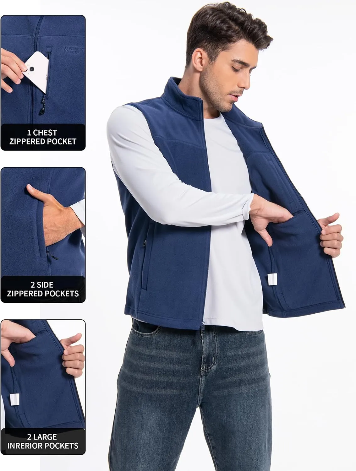 Pioneer Camp Men's Full-Zip Polar Fleece Vest Casual Lightweight Sleeveless Outerwear with 5 Pockets Soft Warm Winter Jacket