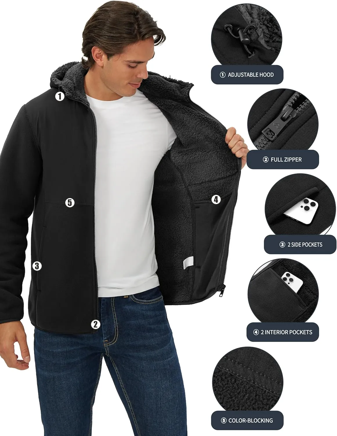 Pioneer Camp Men's Polar Fleece Jacket Sherpa Lined Warm Full Zip Up Hoodie Heavyweight Winter Jacket with Hood Outerwear
