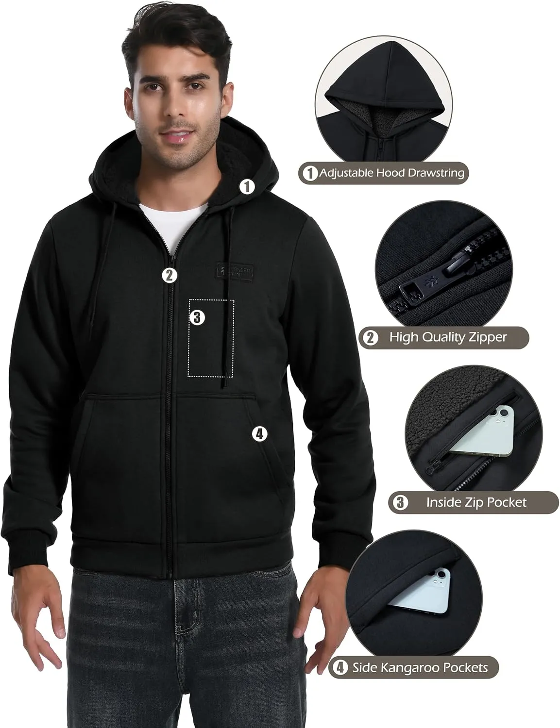 Pioneer Camp Men's Sherpa Lined Hoodie Full Zip Up Heavyweight Hooded Jacket Sweatshirt Fleece Fall Winter Coat with Pocket