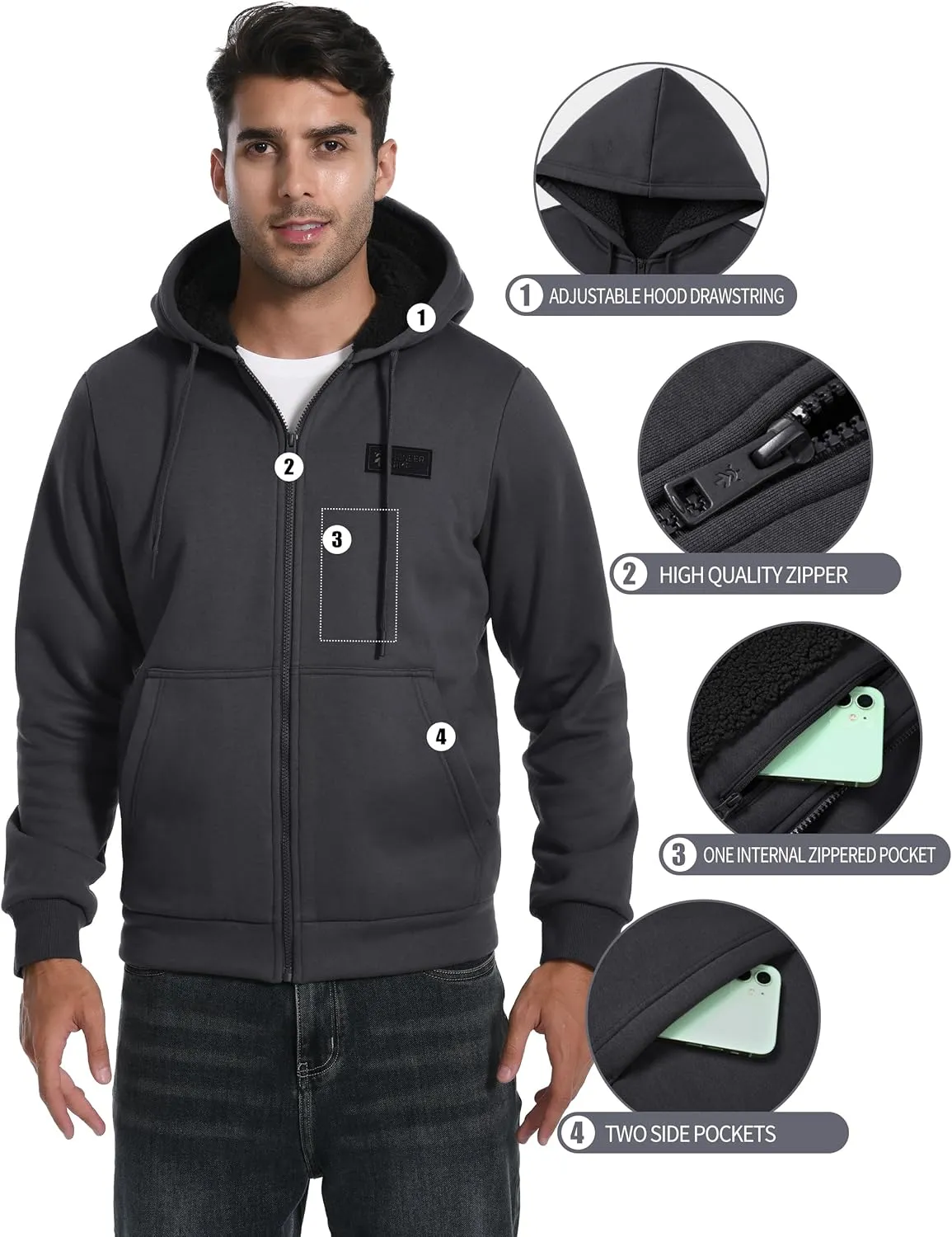 Pioneer Camp Men's Sherpa Lined Hoodie Full Zip Up Heavyweight Hooded Jacket Sweatshirt Fleece Fall Winter Coat with Pocket