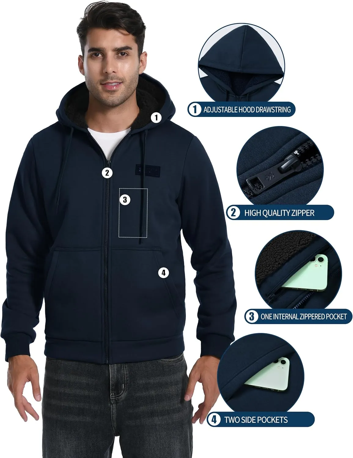 Pioneer Camp Men's Sherpa Lined Hoodie Full Zip Up Heavyweight Hooded Jacket Sweatshirt Fleece Fall Winter Coat with Pocket