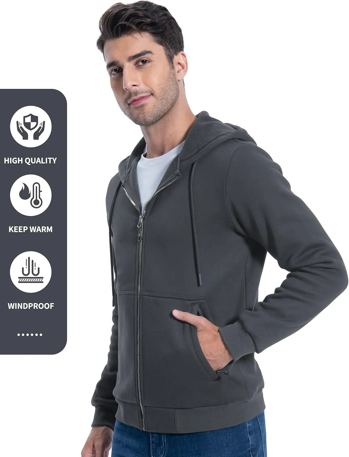 Pioneer Camp Zip Up Hoodie Men Fleece Lined with Zipper Pocket Heavyweight Hooded Sweatshirt Loose Fit Winter Active Jacket