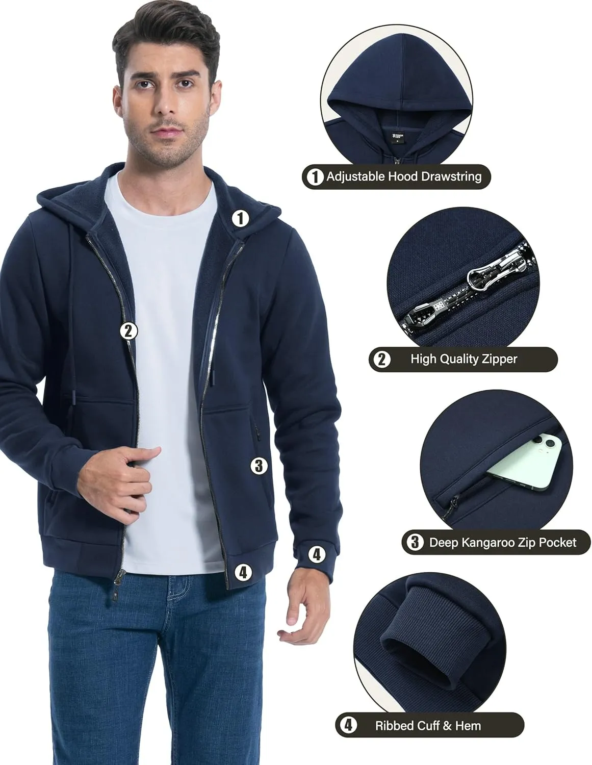 Pioneer Camp Zip Up Hoodie Men Fleece Lined with Zipper Pocket Heavyweight Hooded Sweatshirt Loose Fit Winter Active Jacket