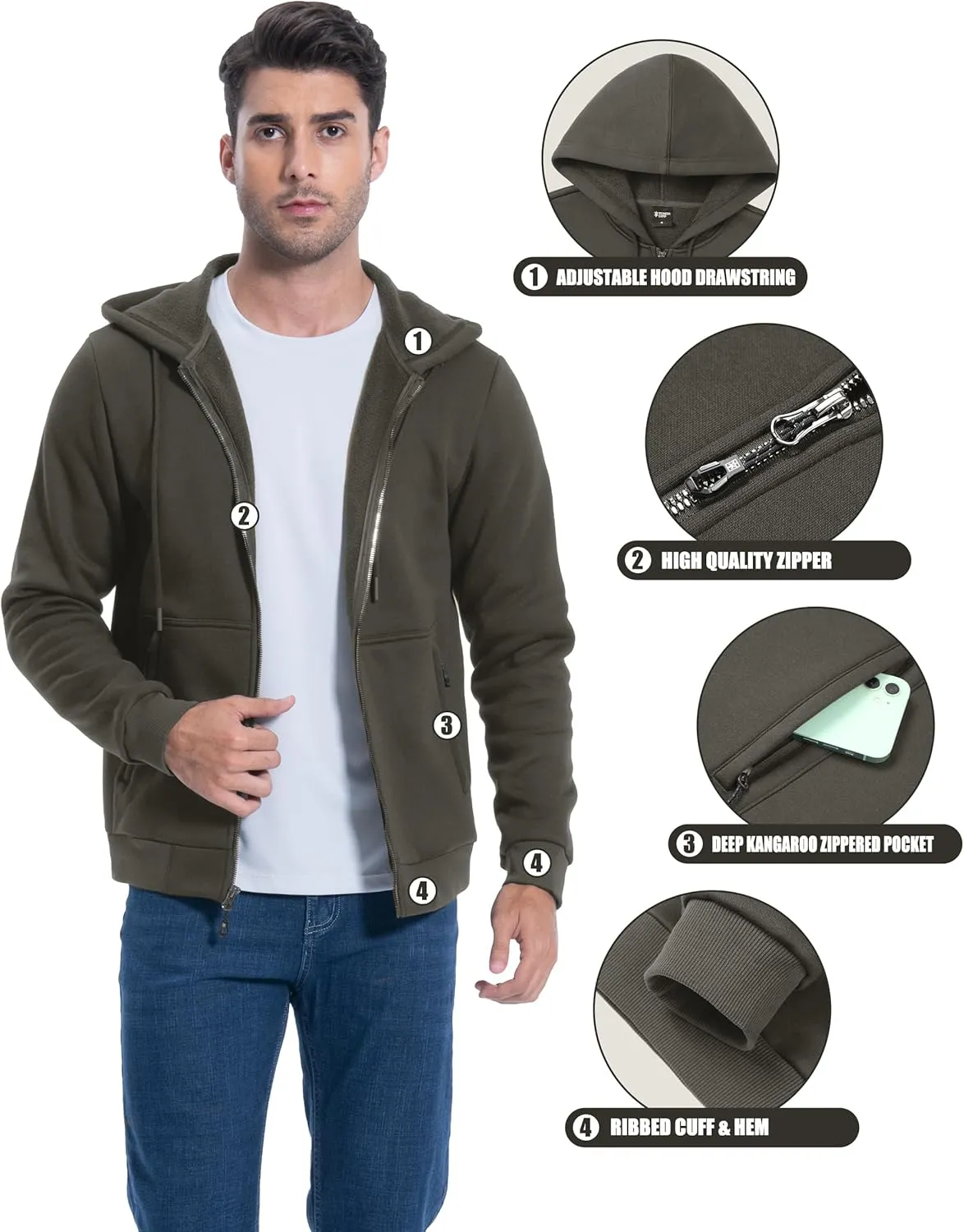 Pioneer Camp Zip Up Hoodie Men Fleece Lined with Zipper Pocket Heavyweight Hooded Sweatshirt Loose Fit Winter Active Jacket