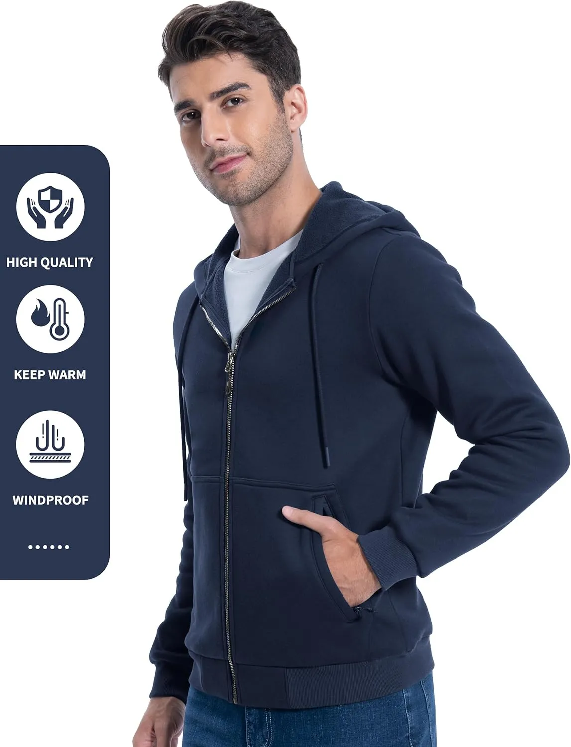 Pioneer Camp Zip Up Hoodie Men Fleece Lined with Zipper Pocket Heavyweight Hooded Sweatshirt Loose Fit Winter Active Jacket