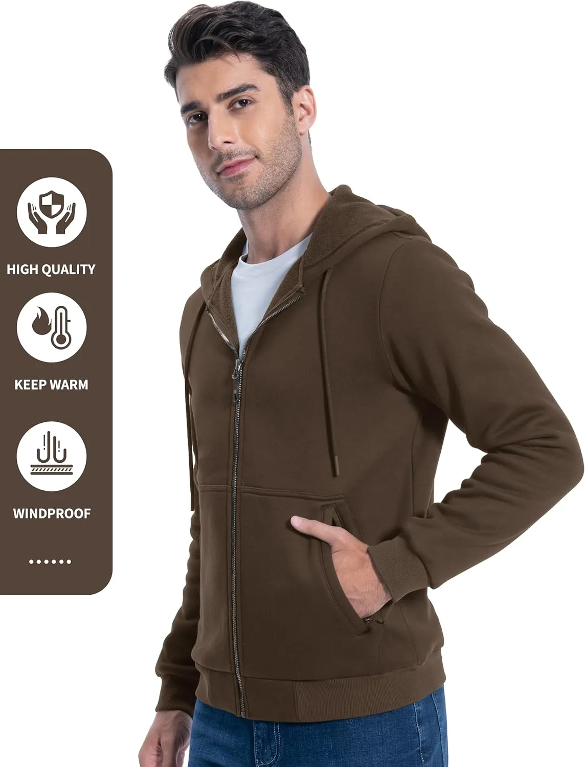 Pioneer Camp Zip Up Hoodie Men Fleece Lined with Zipper Pocket Heavyweight Hooded Sweatshirt Loose Fit Winter Active Jacket