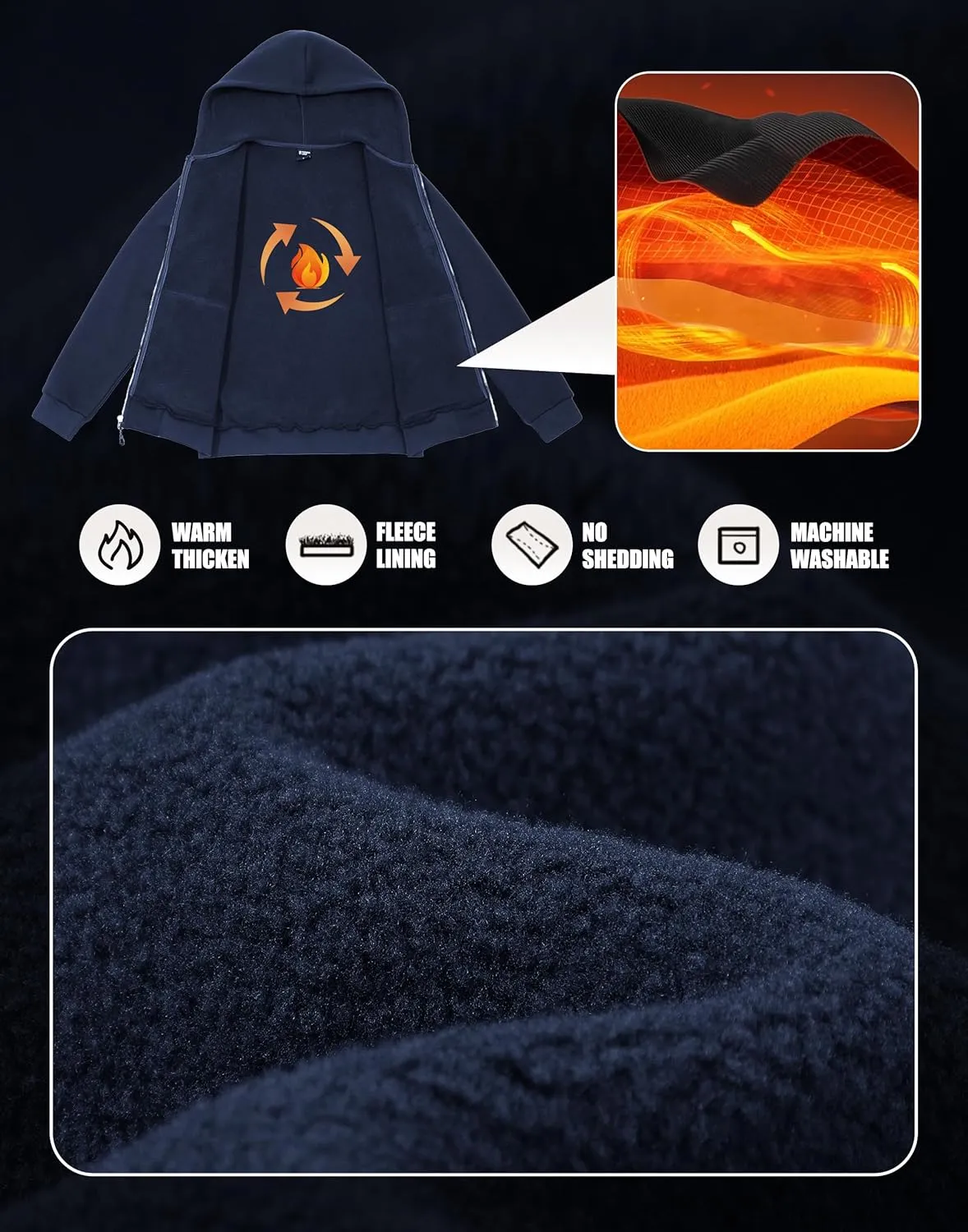 Pioneer Camp Zip Up Hoodie Men Fleece Lined with Zipper Pocket Heavyweight Hooded Sweatshirt Loose Fit Winter Active Jacket