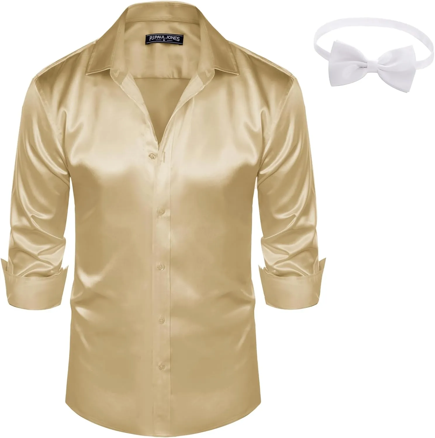 PJ PAUL JONES Men's Shiny Satin Dress Shirts Long Sleeve Button Down Silk Shirt with Bow Tie