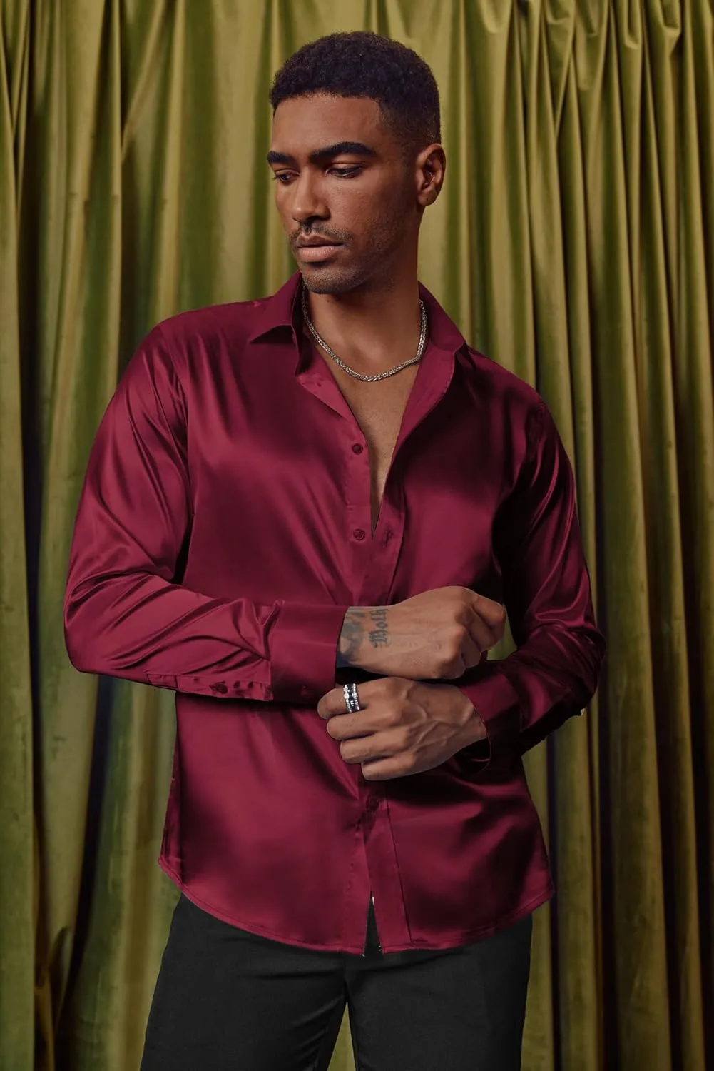 PJ PAUL JONES Men's Shiny Satin Dress Shirts Long Sleeve Button Down Silk Shirt with Bow Tie