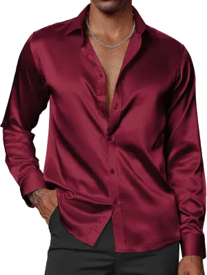 PJ PAUL JONES Men's Shiny Satin Dress Shirts Long Sleeve Button Down Silk Shirt with Bow Tie