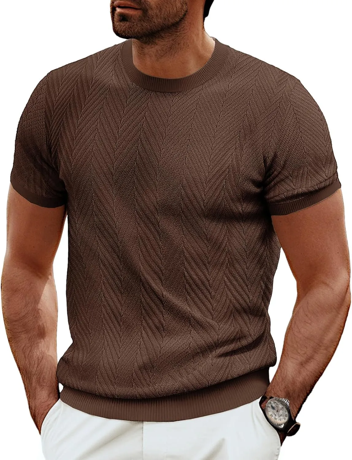 PJ PAUL JONES Men's Short Sleeve Knit T-Shirts Casual Crewneck Solid Texture Knit Shirt