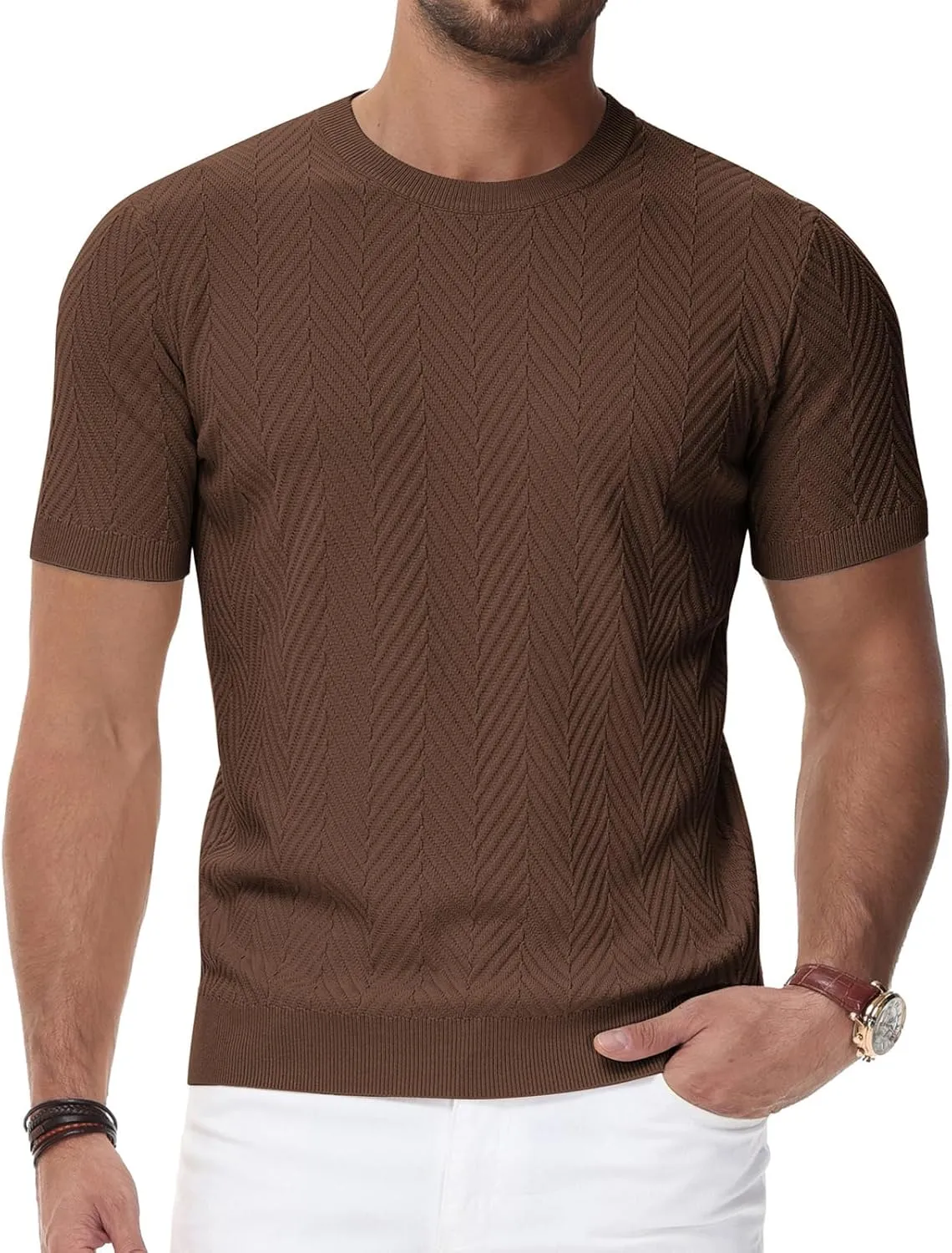 PJ PAUL JONES Men's Short Sleeve Knit T-Shirts Casual Crewneck Solid Texture Knit Shirt