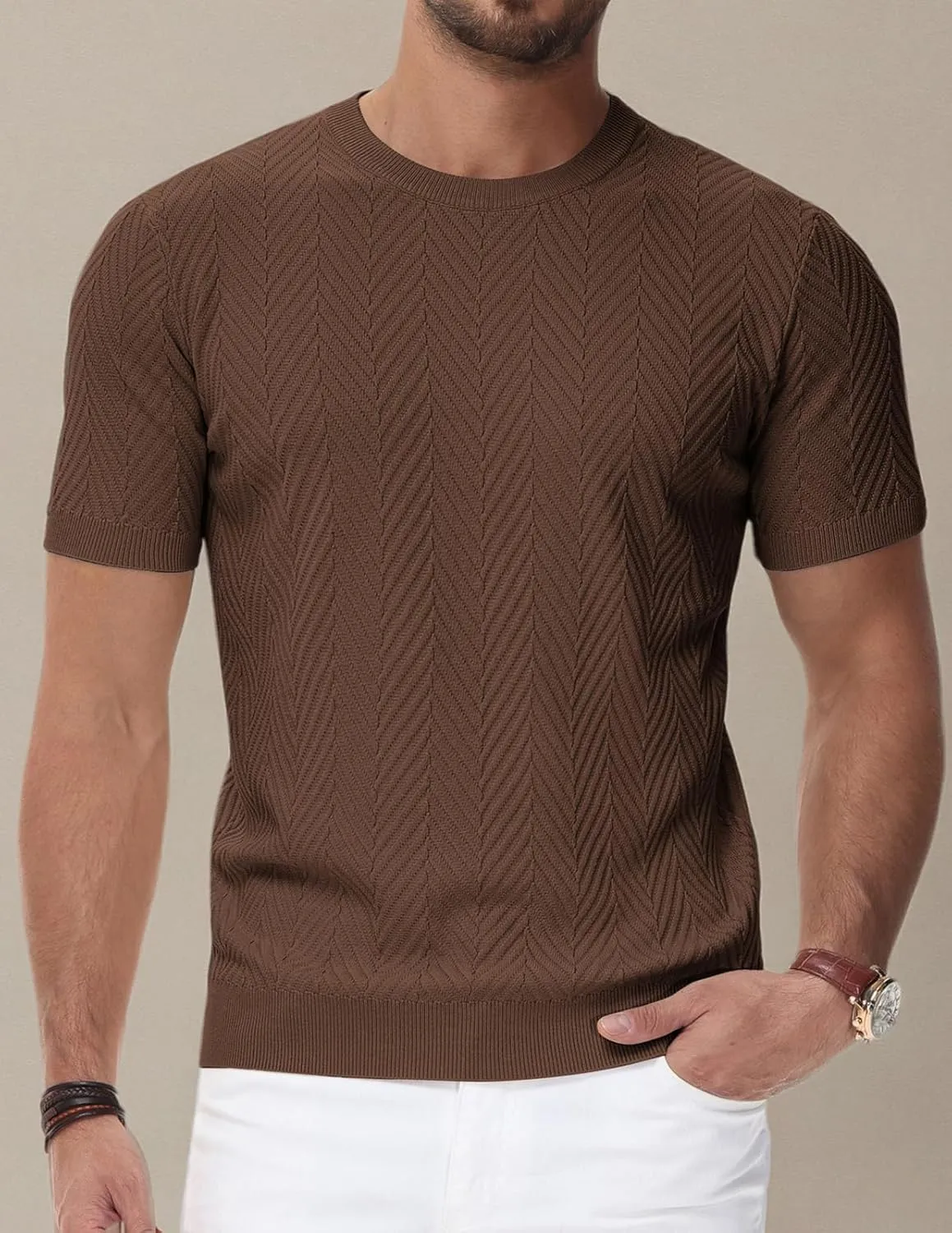 PJ PAUL JONES Men's Short Sleeve Knit T-Shirts Casual Crewneck Solid Texture Knit Shirt