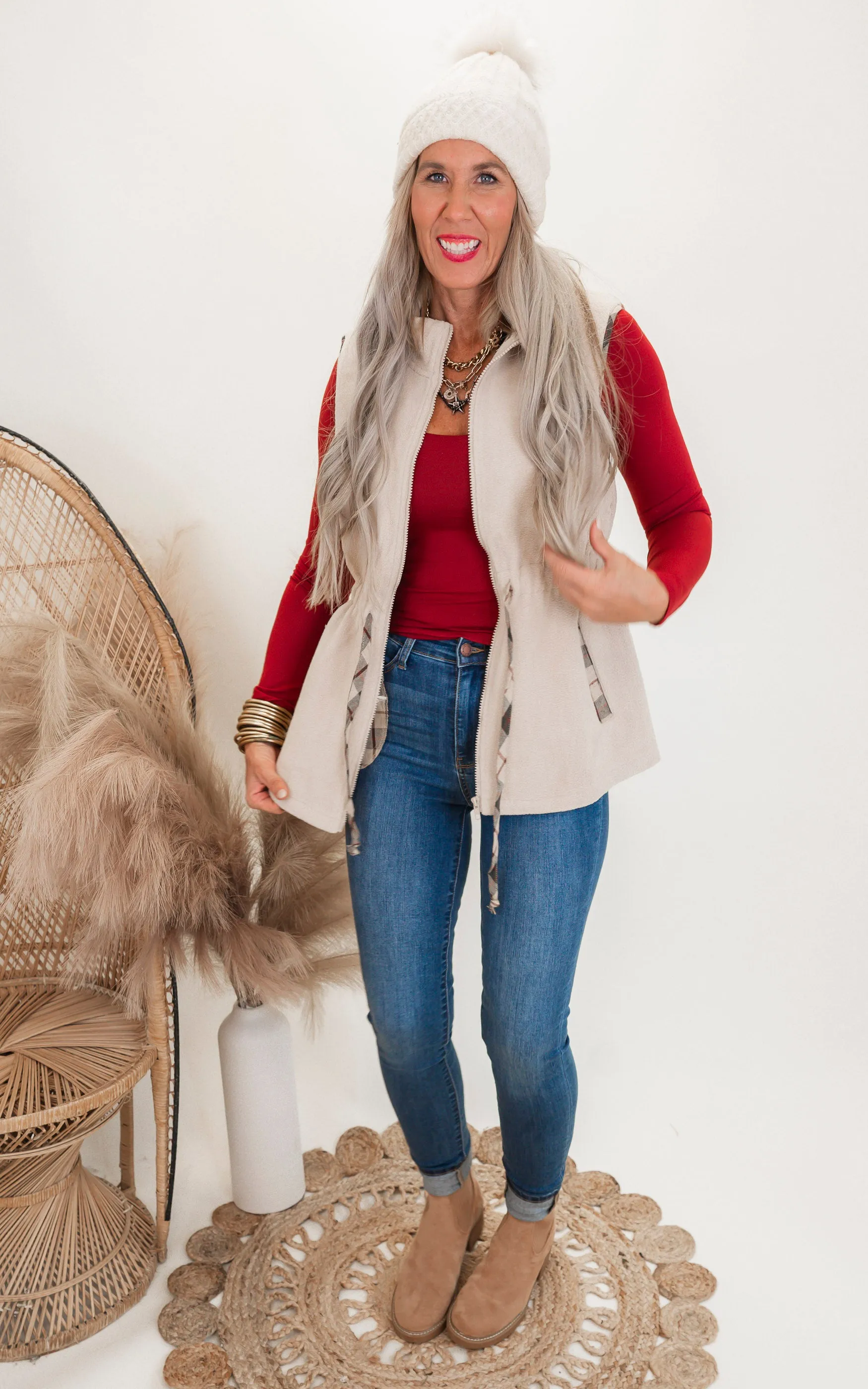 Plaid Waist Drawstring Sherpa Vest - Final Sale
