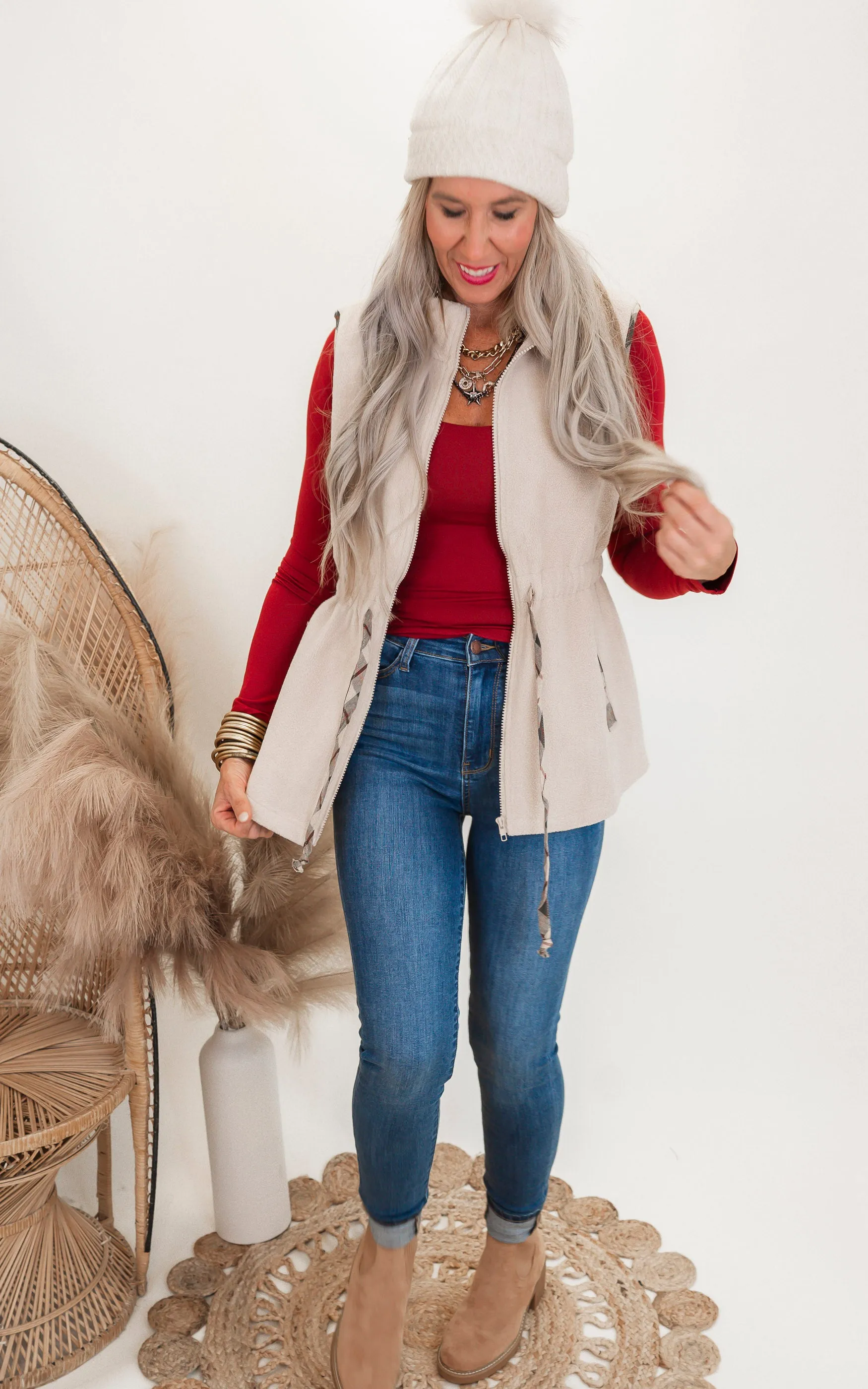 Plaid Waist Drawstring Sherpa Vest - Final Sale