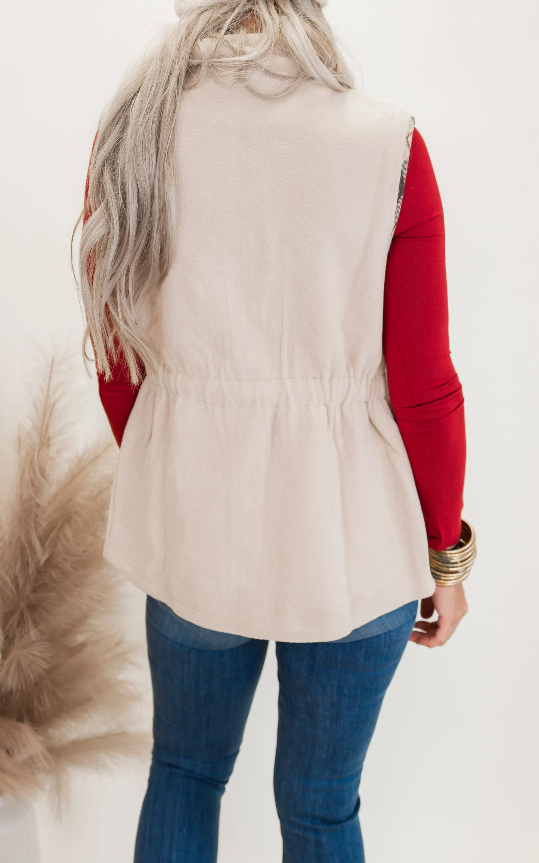 Plaid Waist Drawstring Sherpa Vest - Final Sale
