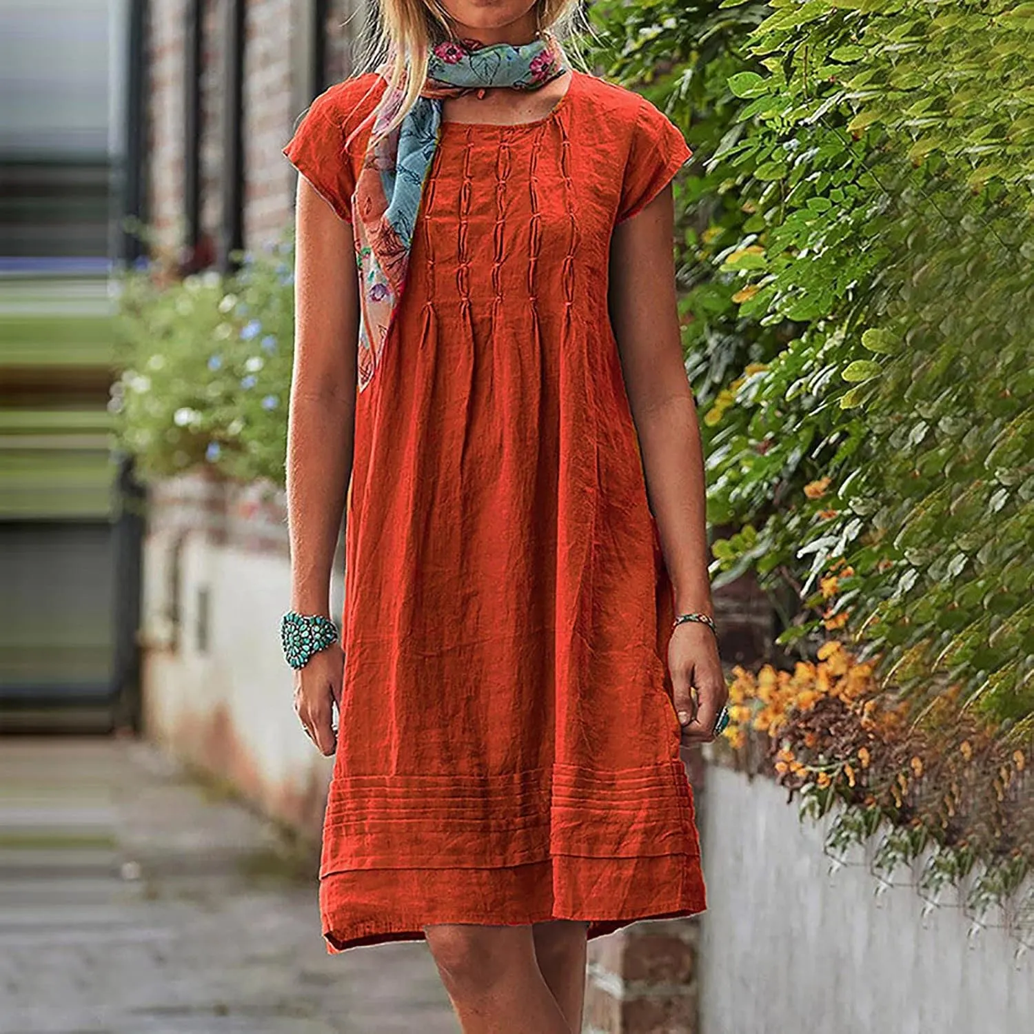 Pleated Cotton Linen Dresses for Women 2024 Knee Length Dress Plus Size Short Sleeve Shift Sundress Casual Beachwear