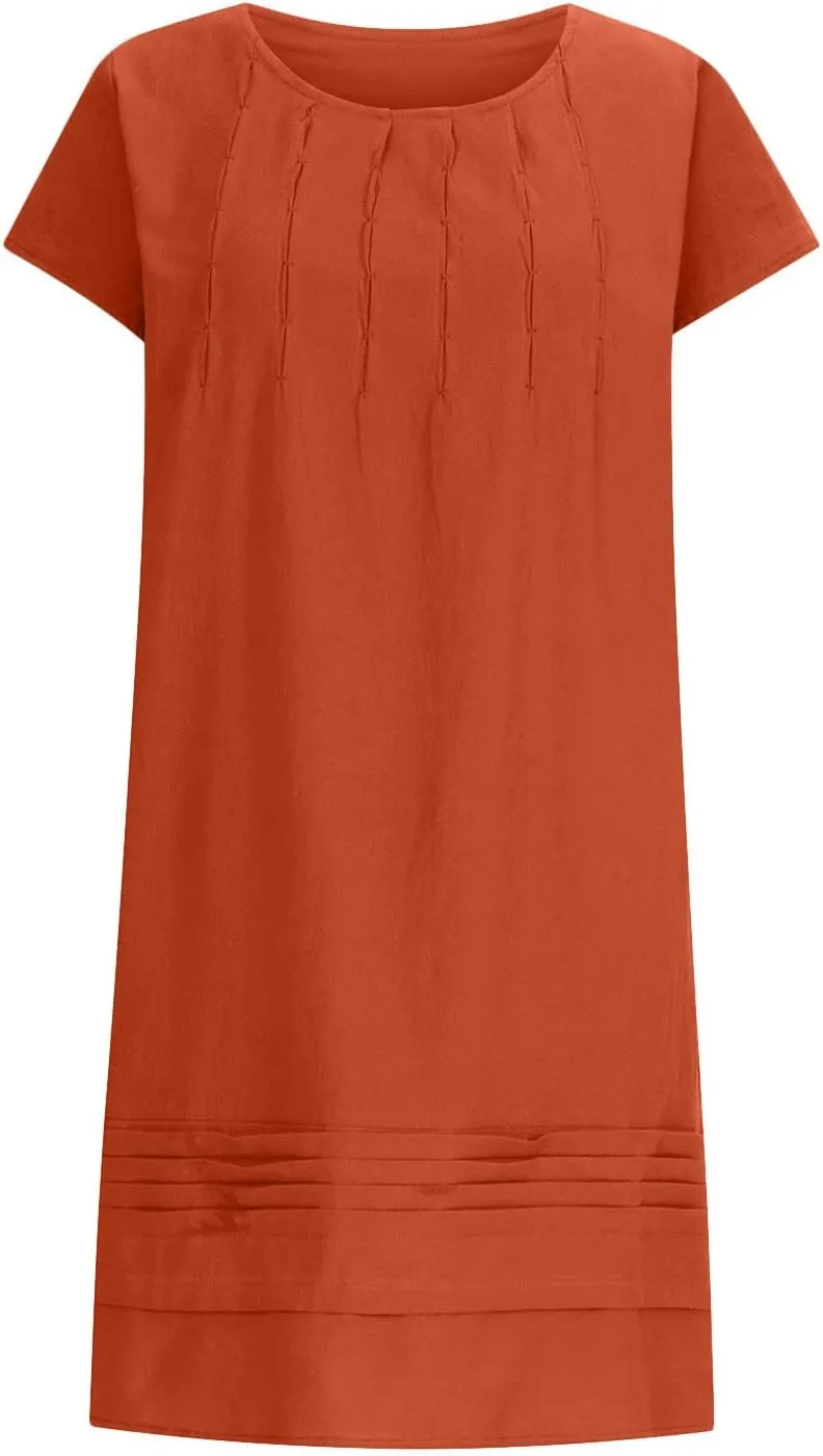 Pleated Cotton Linen Dresses for Women 2024 Knee Length Dress Plus Size Short Sleeve Shift Sundress Casual Beachwear