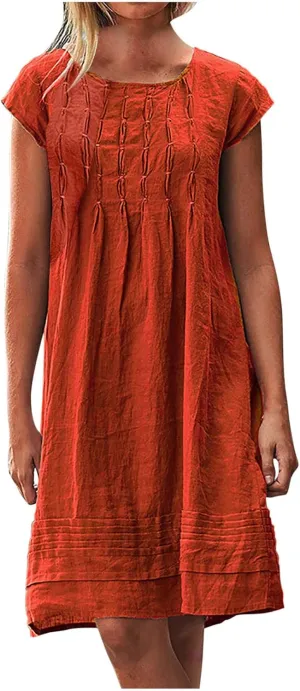 Pleated Cotton Linen Dresses for Women 2024 Knee Length Dress Plus Size Short Sleeve Shift Sundress Casual Beachwear