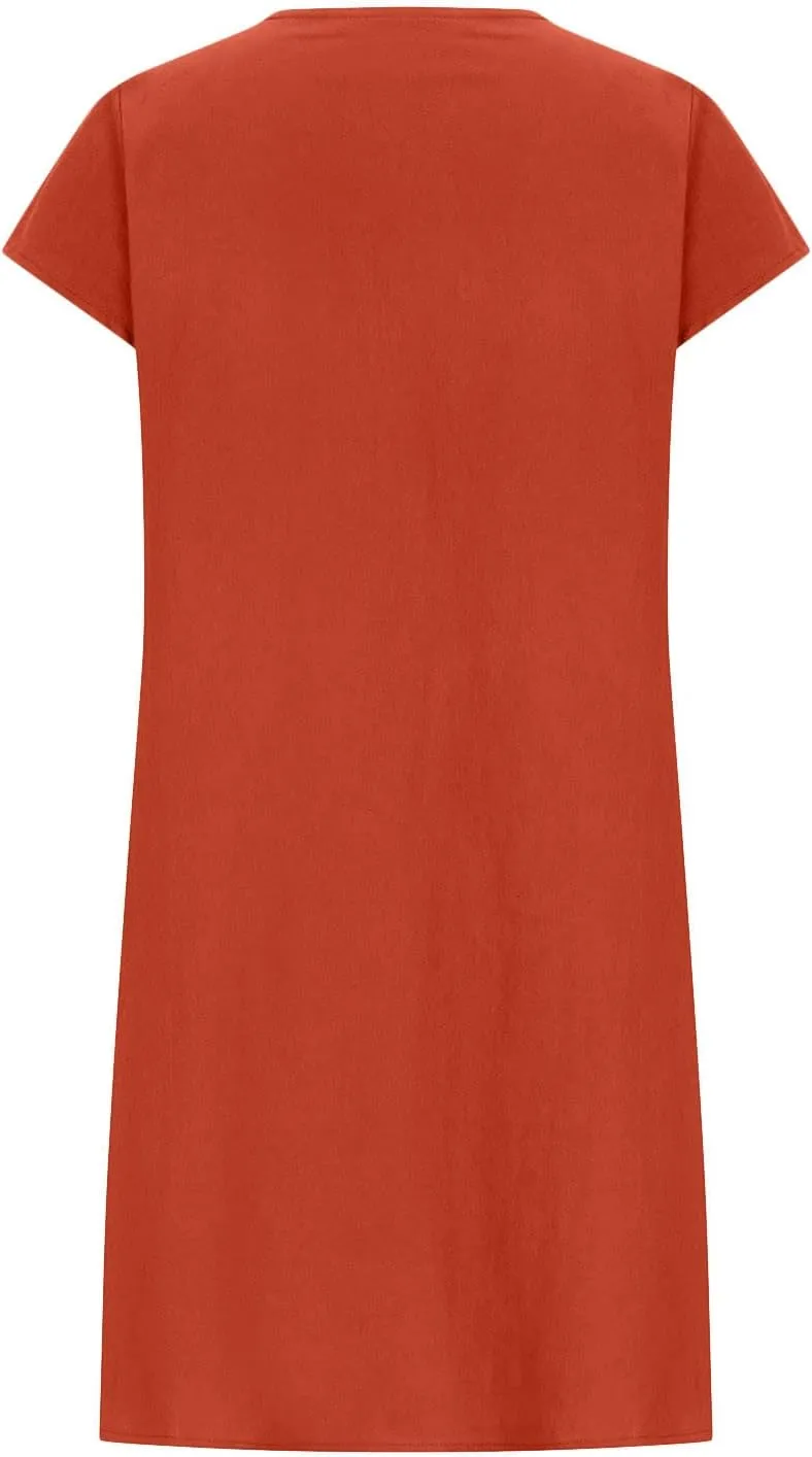 Pleated Cotton Linen Dresses for Women 2024 Knee Length Dress Plus Size Short Sleeve Shift Sundress Casual Beachwear