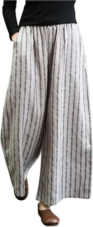 Plus Size Cotton Linen Pants for Women Summer Flowy Vintage Stripe Wide Leg Palazzo Pants Beach High Waisted Trousers