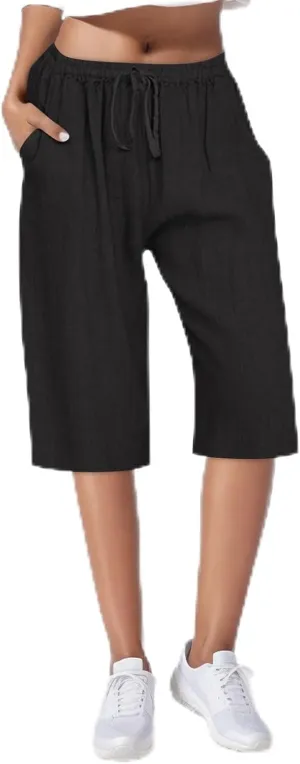 Plus Size Linen Cropped Capris for Women Drawstring Casual Cropped Trouser Leggings Summer 2024 Straight Leg Lounge