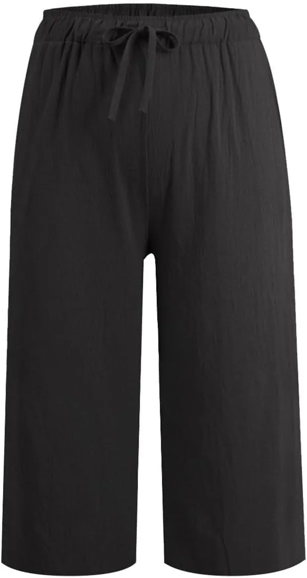 Plus Size Linen Cropped Capris for Women Drawstring Casual Cropped Trouser Leggings Summer 2024 Straight Leg Lounge