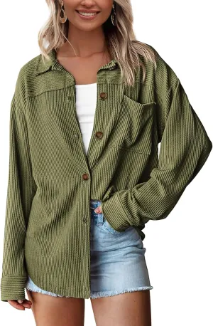 PRETTYGARDEN Women's Tops Casual Button Down Shirts Spring Fashion Long Sleeve Shacket Jacket Loose Texture Knit Blouses