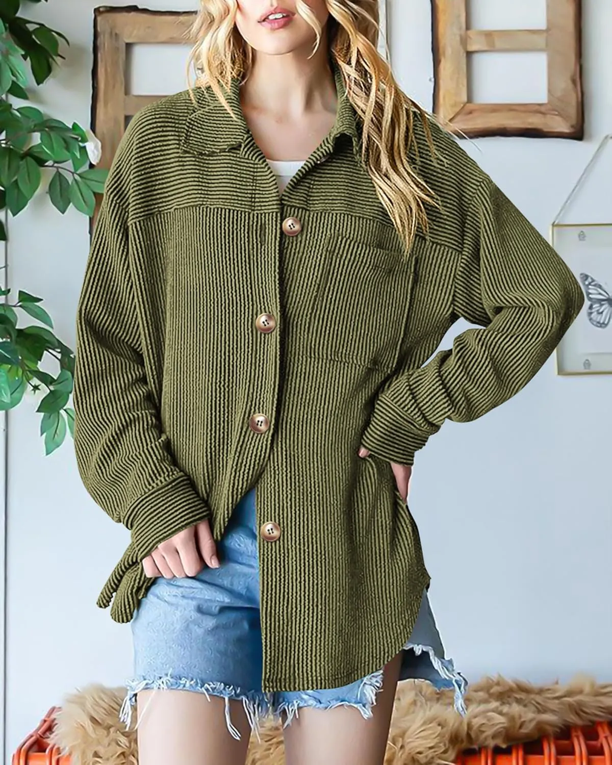 PRETTYGARDEN Women's Tops Casual Button Down Shirts Spring Fashion Long Sleeve Shacket Jacket Loose Texture Knit Blouses