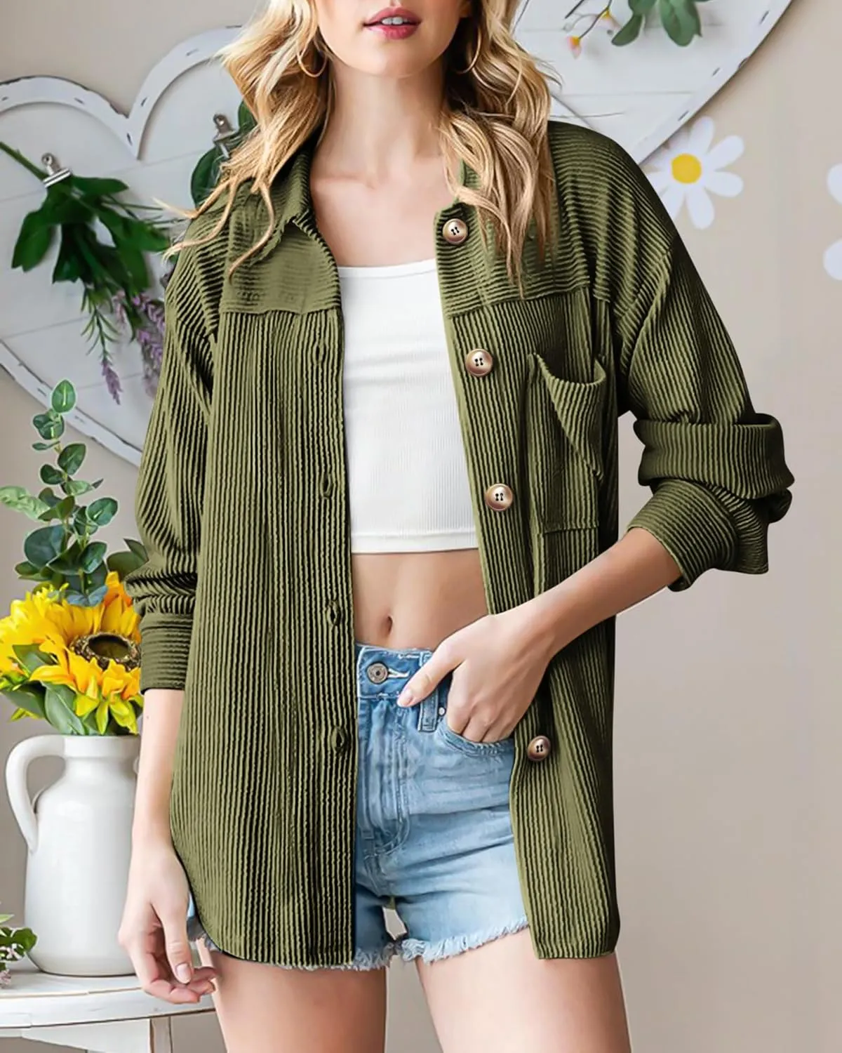 PRETTYGARDEN Women's Tops Casual Button Down Shirts Spring Fashion Long Sleeve Shacket Jacket Loose Texture Knit Blouses