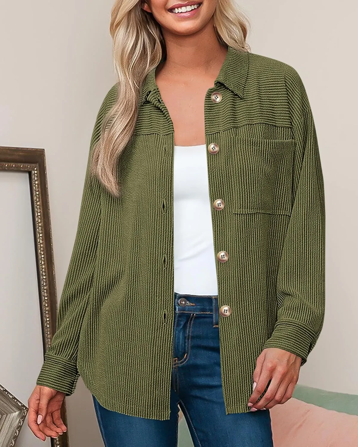 PRETTYGARDEN Women's Tops Casual Button Down Shirts Spring Fashion Long Sleeve Shacket Jacket Loose Texture Knit Blouses