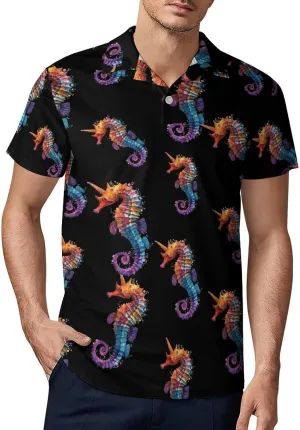 Rainbow Seahorse Men's Polo Shirt Short Sleeve Casual Athletic Quick Dry Golf T-Shirts