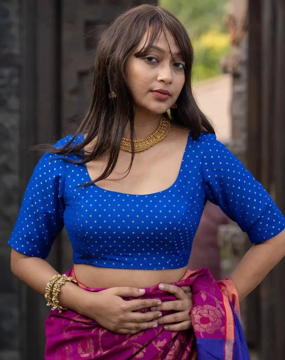 Readymade Royal Blue Benarasi Blouse With An Elegant U Neck