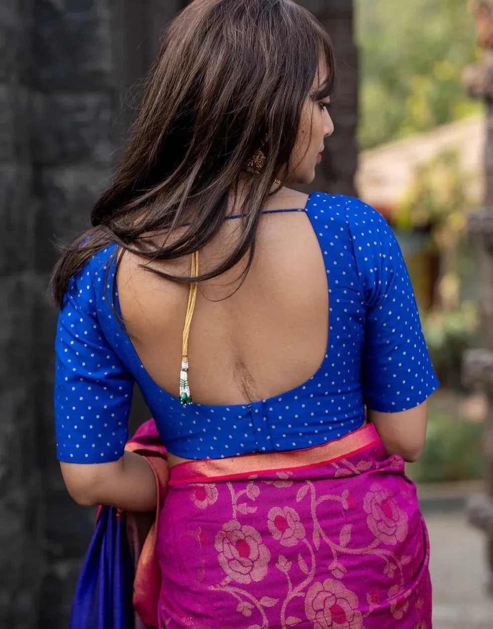 Readymade Royal Blue Benarasi Blouse With An Elegant U Neck