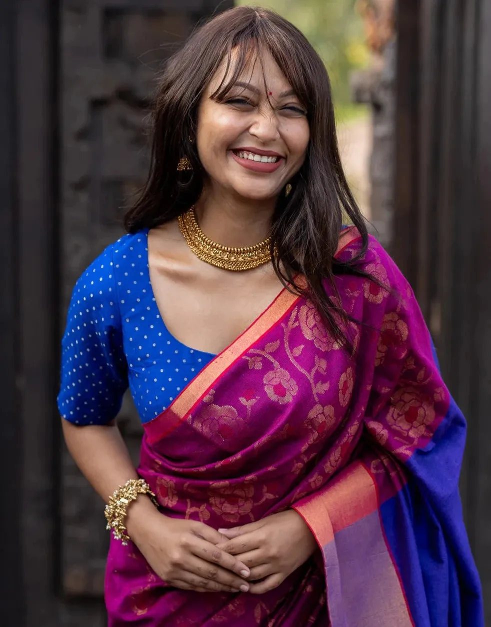 Readymade Royal Blue Benarasi Blouse With An Elegant U Neck