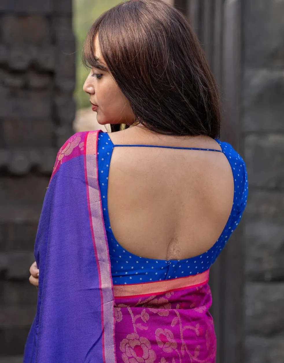 Readymade Royal Blue Benarasi Blouse With An Elegant U Neck