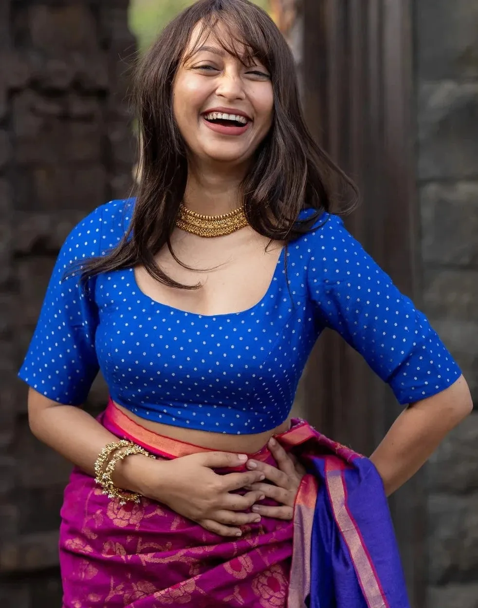 Readymade Royal Blue Benarasi Blouse With An Elegant U Neck