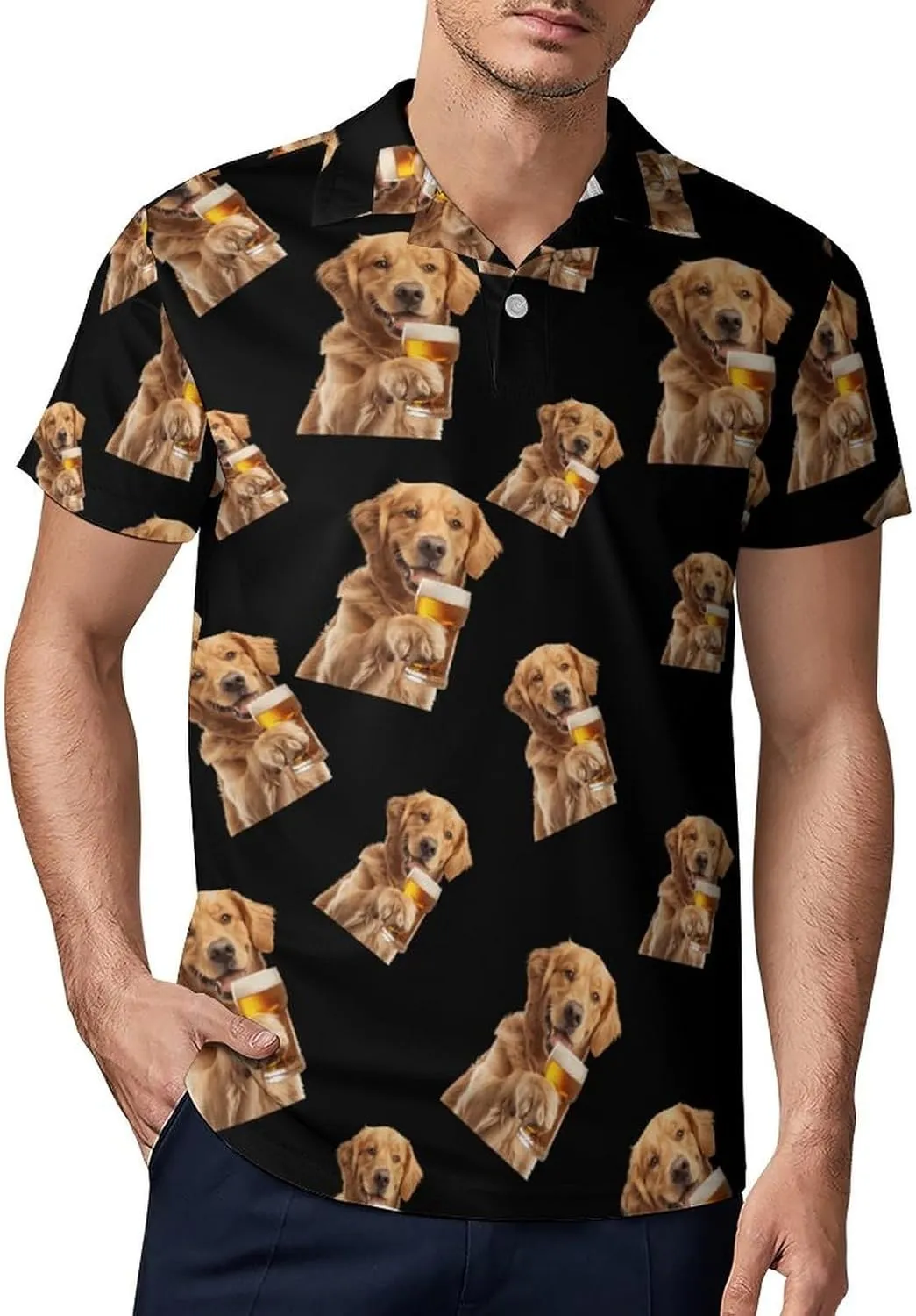 Retriever Dog Beer Men's Polo Shirt Short Sleeve Casual Athletic Quick Dry Golf T-Shirts