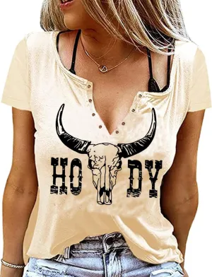 Retro Western Cowboy Shirt Women Country Music Cute Cattle Skull Graphic Concert Outfit Tops
