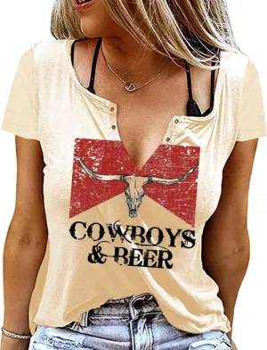 Retro Western Cowboy Shirt Women Country Music Cute Cattle Skull Graphic Concert Outfit Tops